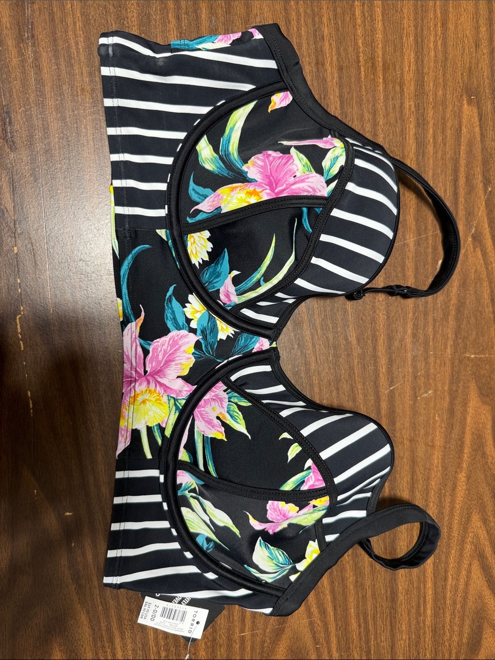Striped Floral Underwire Bikini Top - Black with Pink & Yellow Floral